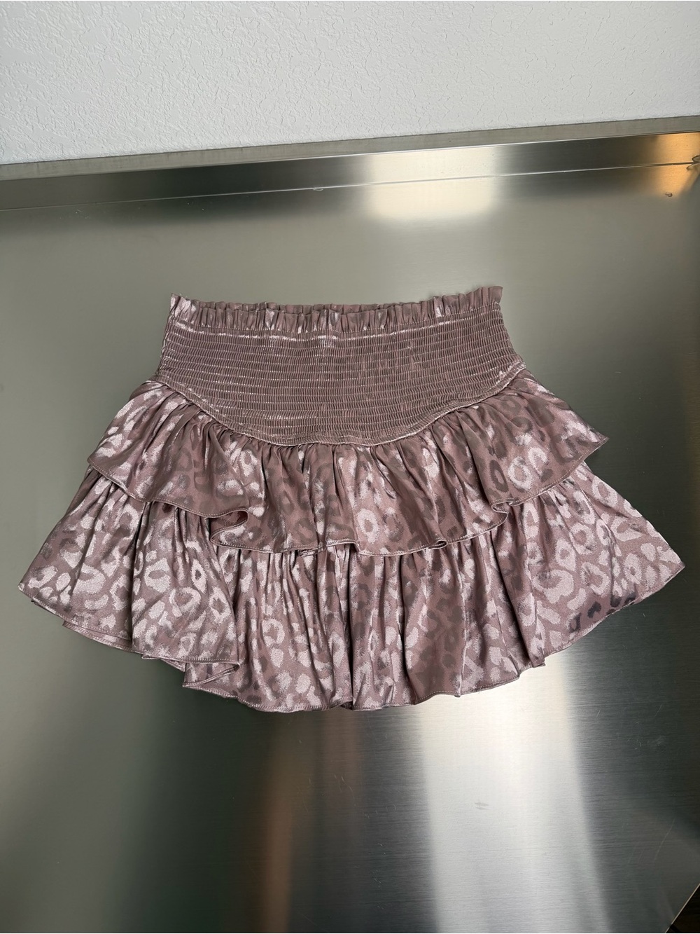 Smocked Waist Ruffled Leopard-Print Skirt in Mauve